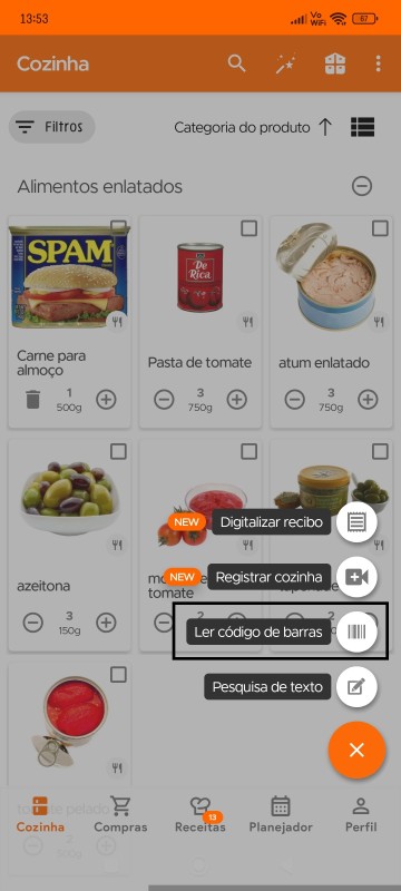 Kitchen page with Scan Barcode option